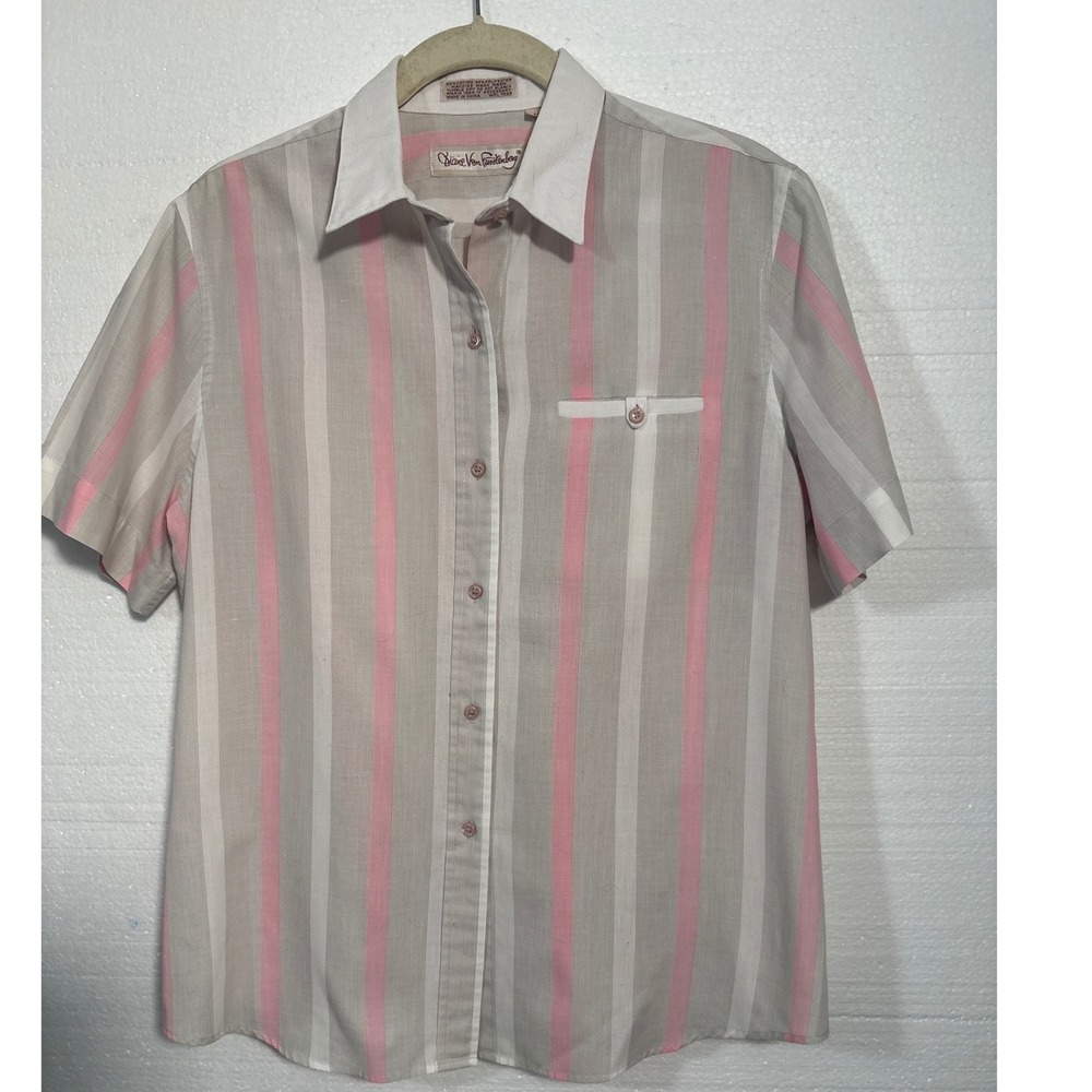 Vintage Diane von Furstenberg Pink & White Sheer Stripe Button Up Blouse Size 14